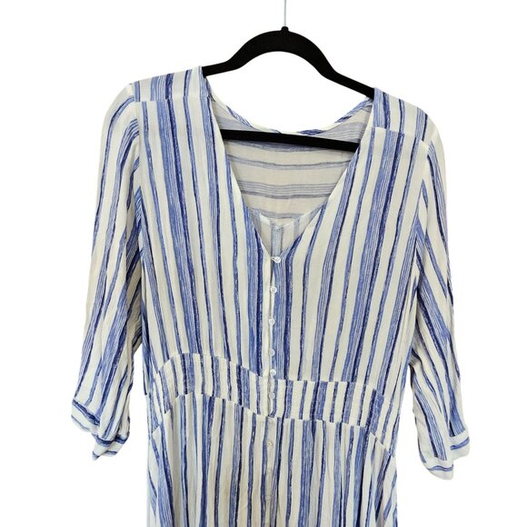 Striped Blue & White V-Neck Button-Down Midi Dress With 3/4 Sleeves - Picture 3 of 3